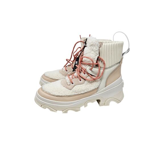 NEW SOREL 9.5 Brex Cozy Lace Faux Shearling Sherpa Chunky Snow Boot Cream - Picture 3 of 7